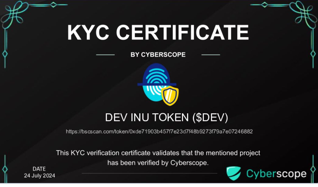 devinutoken's tweet image. 🎉 Great News: KYC Completed! 🎉
Dear Dev Inu Community,We’re excited to announce that our KYC verification is now complete! Let’s celebrate this milestone together as we move closer to our fair launch.Thank you for your continued support!
#DevInu #Crypto #KYCCompleted #Celebrate