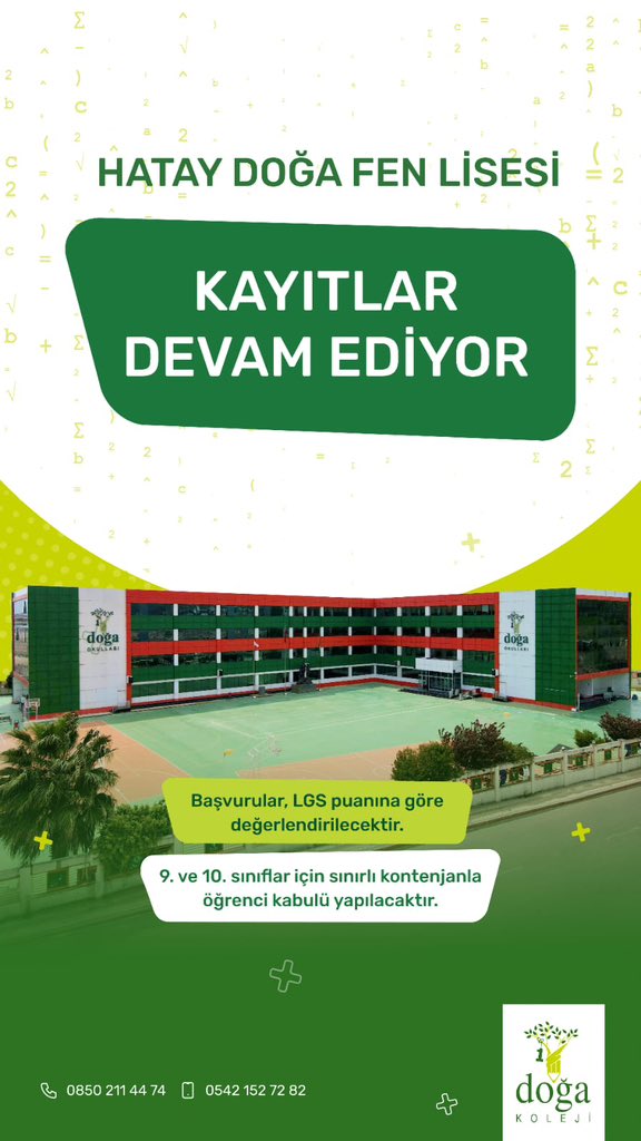 Hatay Doğa Koleji Fen Lisesi Kayıtları Devam ediyor❗️

Geleceğini keşfedeceğin bilim ve teknoloji için sınırlı kontenjanları kaçırma, yerini şimdiden al.