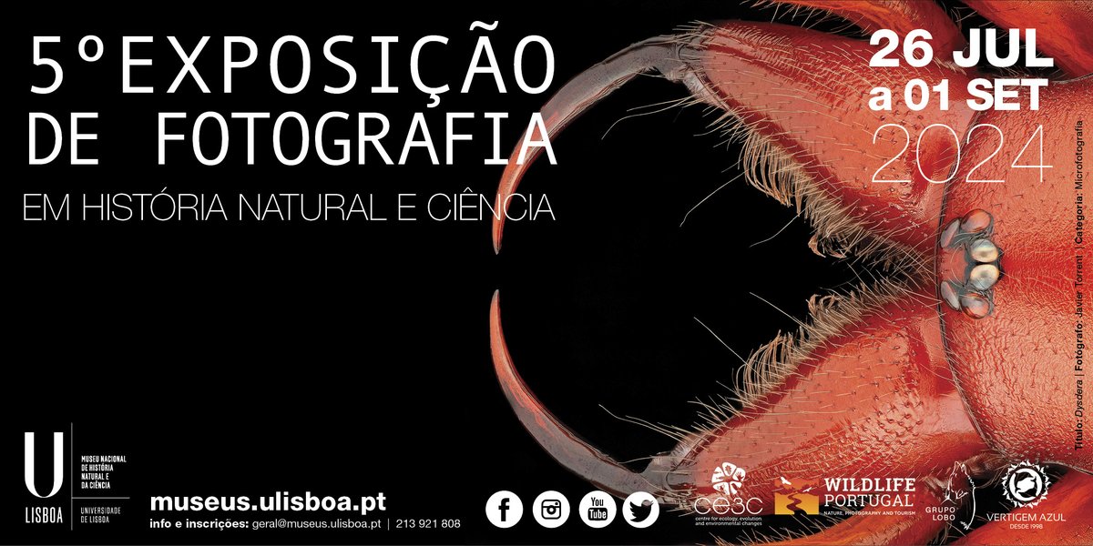 Inauguração da 5ª Exposição de Fotografia de História Natural e Ciência 

Amanhã | 18h
Entrada livre 

Mais informações aqui 👉museus.ulisboa.pt/5-exposicao-fo…