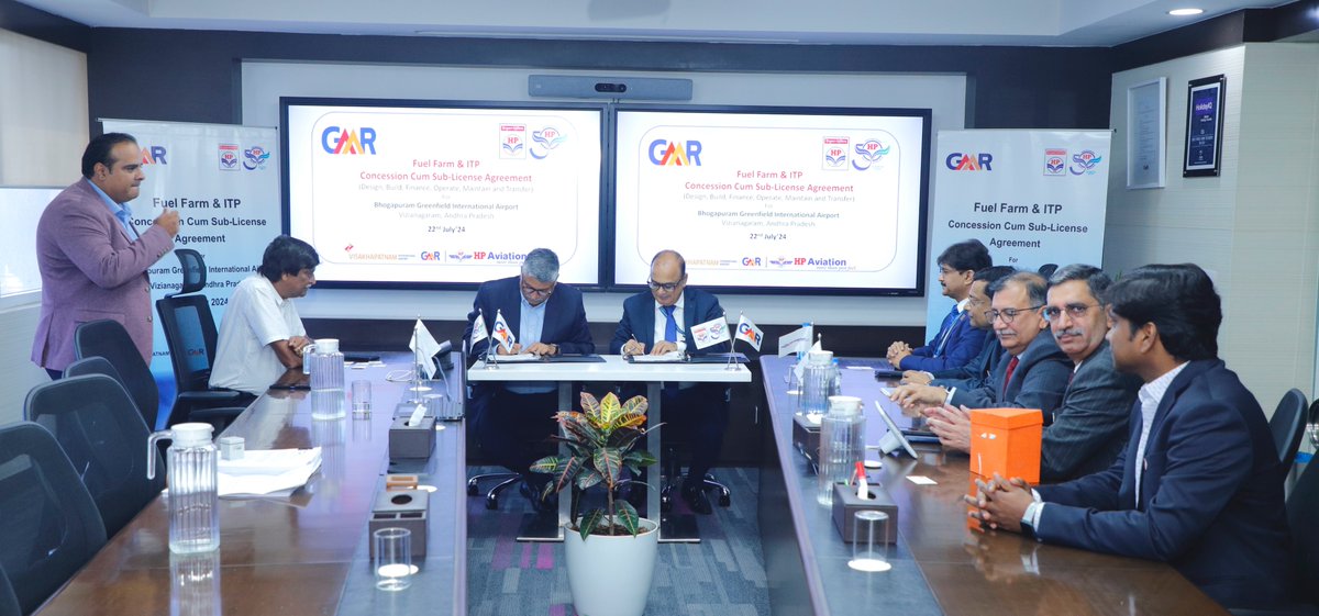 HPAviationSBU's tweet photo. HP Aviation entered into the Fuel Farm &amp; ITP business, Concession Cum Sub-License Agreement with GMR for Bhogapuram Greenfield International Airport was inked on 22nd Jul'24 by CEO GVIAL &amp; ED-Aviation in gracious presence of Dy. MD GMR Sh. I.P. Rao &amp; Dir-Mktg  HPCL Sh. Amit Garg. https://t.co/Dv3nekCZCn