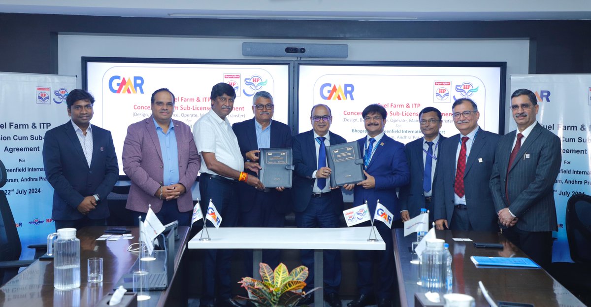 HPAviationSBU's tweet photo. HP Aviation entered into the Fuel Farm &amp; ITP business, Concession Cum Sub-License Agreement with GMR for Bhogapuram Greenfield International Airport was inked on 22nd Jul'24 by CEO GVIAL &amp; ED-Aviation in gracious presence of Dy. MD GMR Sh. I.P. Rao &amp; Dir-Mktg  HPCL Sh. Amit Garg. https://t.co/Dv3nekCZCn