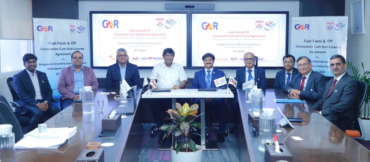HPAviationSBU's tweet photo. HP Aviation entered into the Fuel Farm &amp; ITP business, Concession Cum Sub-License Agreement with GMR for Bhogapuram Greenfield International Airport was inked on 22nd Jul'24 by CEO GVIAL &amp; ED-Aviation in gracious presence of Dy. MD GMR Sh. I.P. Rao &amp; Dir-Mktg  HPCL Sh. Amit Garg. https://t.co/Dv3nekCZCn