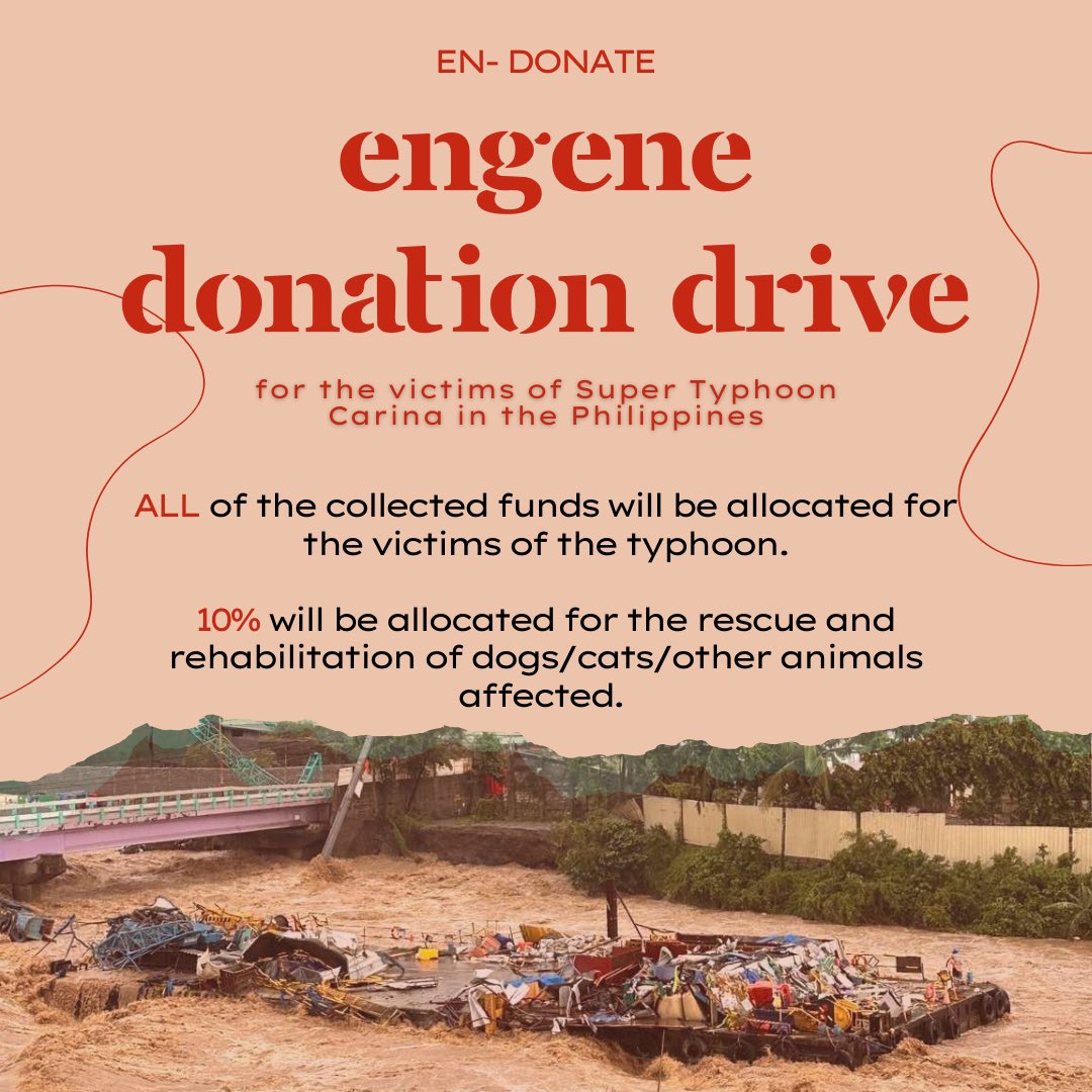 seulementlhs's tweet photo. EN-DONATE! 🔗

#ENGENE: call for donations!

We’ll be opening a Donation Drive for the victims of Typhoon #CarinaPH. 

This aims to support the victims of the typhoon &amp; allocate funds for animal rescue &amp; rehabilitation. 

Your contribution can make a difference in their recovery. https://t.co/7XGPwVAOJm