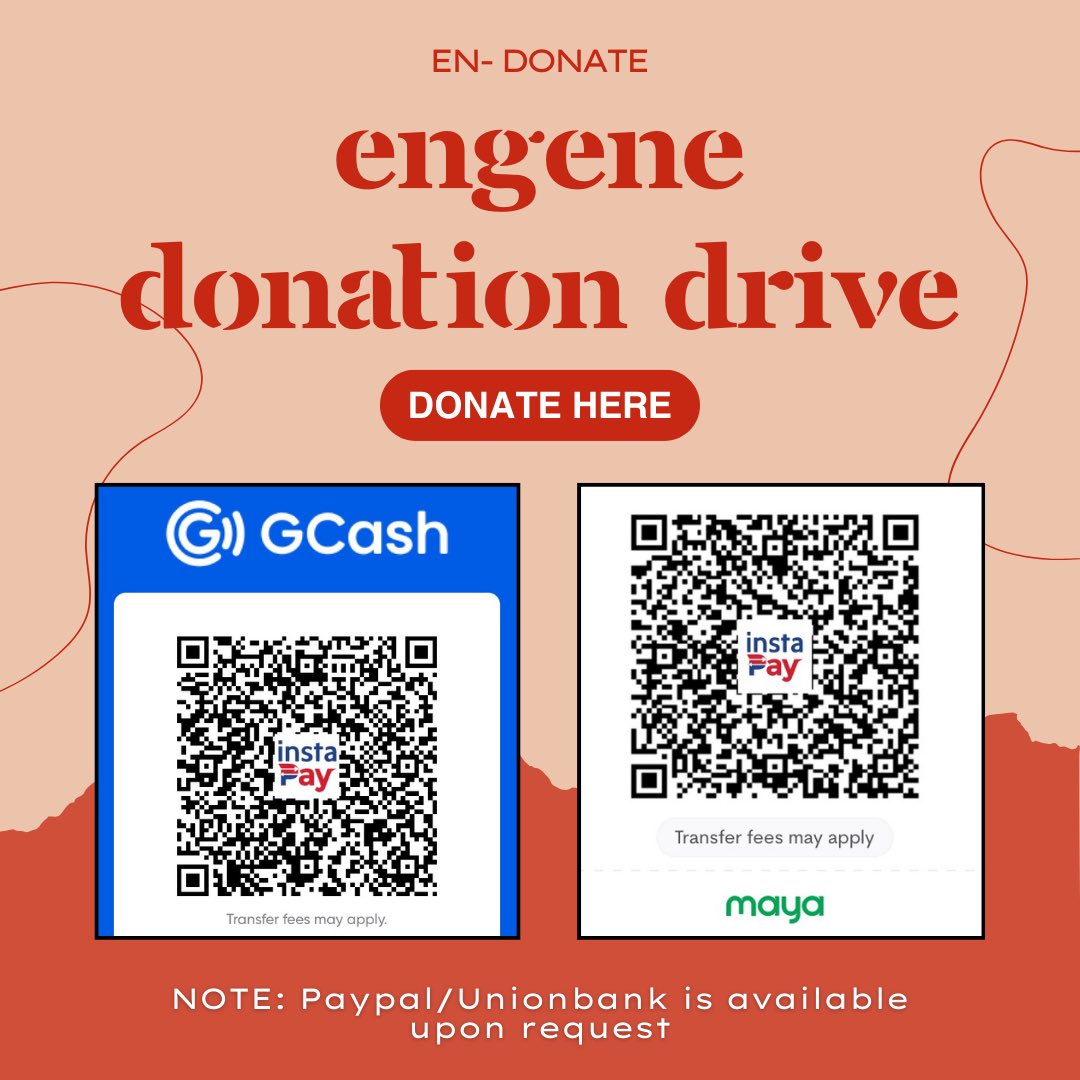 EN-DONATE! 🔗

#ENGENE: call for donations!

We’ll be opening a Donation Drive for the victims of Typhoon #CarinaPH. 

This aims to support the victims of the typhoon &amp; allocate funds for animal rescue &amp; rehabilitation. 

Your contribution can make a difference in their recovery.