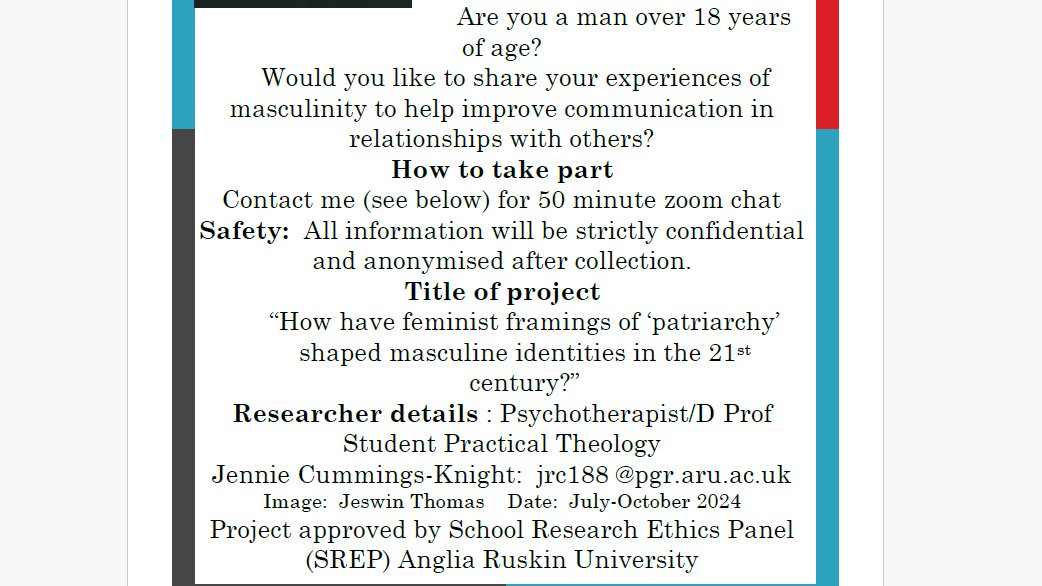 What is it like being a man in today's world?

Would you like tell someone in a confidential / anonymised interview?

It's part of a doctoral study, and possible future academic publication, which is hoped will improve our understanding of men

Please email Jennie (details below)