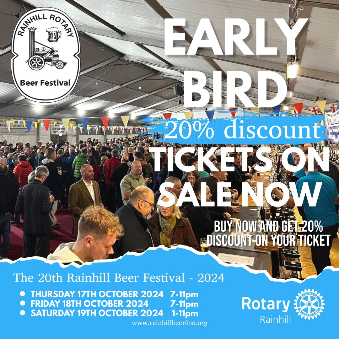 TICKETS NOW ON SALE - Get Early Bird 20% discount

The 20th Rainhill Beer Festival will be held 17th to 19th October 2024 and the tickets have now been launched
We have limited early bird discounted tickets available now

rainhillbeerfest.org - click here to buy tickets now