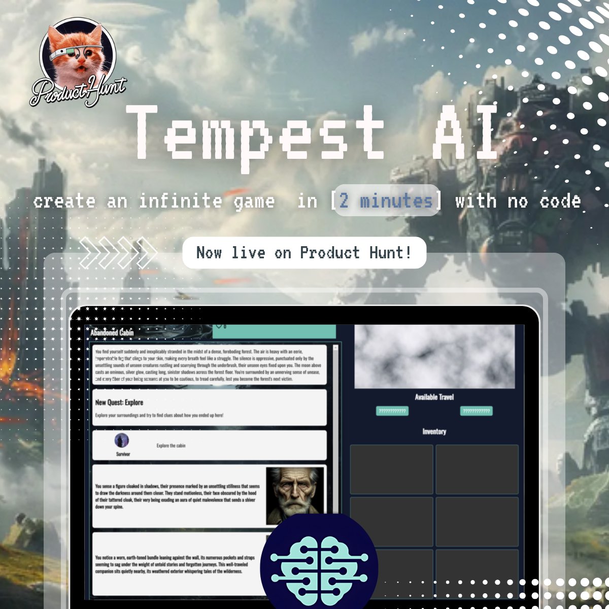 TempestAI_'s tweet photo. We are live on @ProductHunt! 

With our AI gaming engine you create an infinite game in 2 minutes with no code 🌄🧚🐉

Thank you to @gabe__perez and @rajivayyangar for the support 🤝 https://t.co/Wc9HsFsrQV