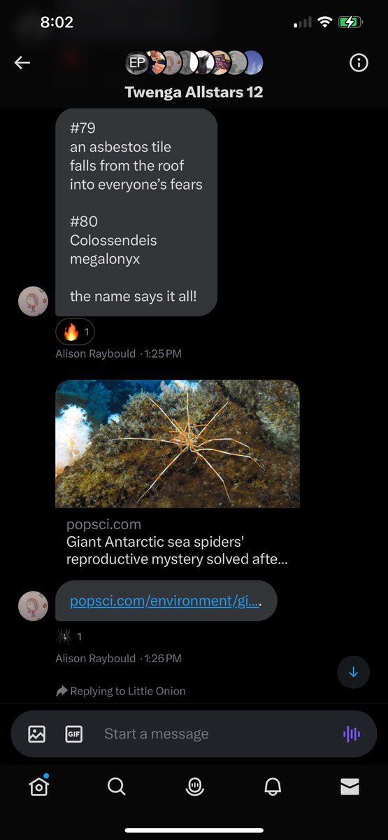 #79 
an asbestos tile 
falls from the roof  
into everyone’s fears

#80
Colossendeis 
megalonyx spawn

#twenga #Antarctica @jamray 
@Random_Fate <a href="/byTinaFrancis/">Tina Francis</a> <a href="/LittleOnion/">Little Onion</a> <a href="/Gavin_Wade_/">Gavin_Wade_</a> <a href="/Cathy_Wade/">Cathy Wade</a> <a href="/artpickdarkpot/">patrick</a> <a href="/tantwenga2024/">justherefortantwenga</a> @ruthclaxton <a href="/AnumAJamal/">Anum Jamal</a> #giantseaspider #horror