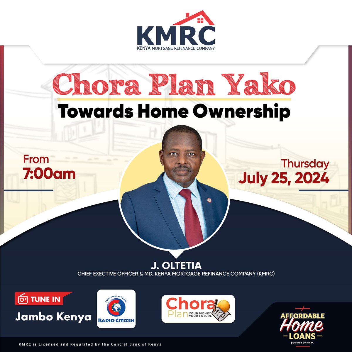 kmrc_co's tweet photo. Catch the most informative conversation this Thursday on #JamboKenya and commence your journey towards #homeownership. @JOltetia will break it down for you so you can get the gist of what planning your money and future entails. #ChoraPlan #AffordableHousing #FinancialFreedom https://t.co/iCcpVN44OB