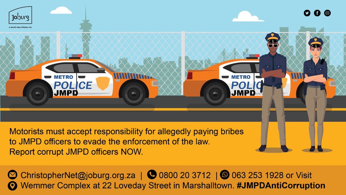 CityofJoburgZA's tweet photo. Report corruption, create change. Your voice matters, and speaking out takes courage. #JMPDAntiCorruption #JHBTraffic ^LM https://t.co/bGo6hXTPnz