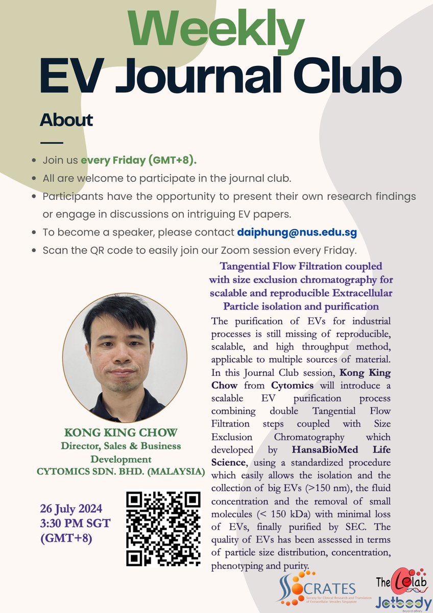 jotbody's tweet image. Join us this Fri for an exciting #JournalClub session with Kong King Chow from Cytomics, unveiling a cutting-edge method for #EVPurification in industry. Explore scalable techniques merging #TangentialFlowFiltration &amp;amp; #SizeExclusionChromatography for prime #EVIsolation!