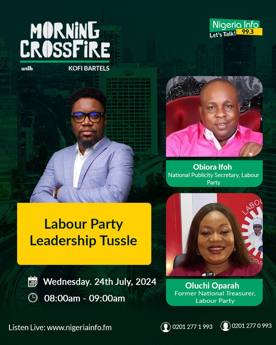 Will the Labour Party's leadership tussle affect their chances in the 2027 general elections?

<a href="/Kofi_Bartels/">Kofi Bartels</a>  is taking reactions now

 You can listen from anywhere>>
 📻nigeriainfo.fm/lagos/player/ 

#NigeriaInfoMCF