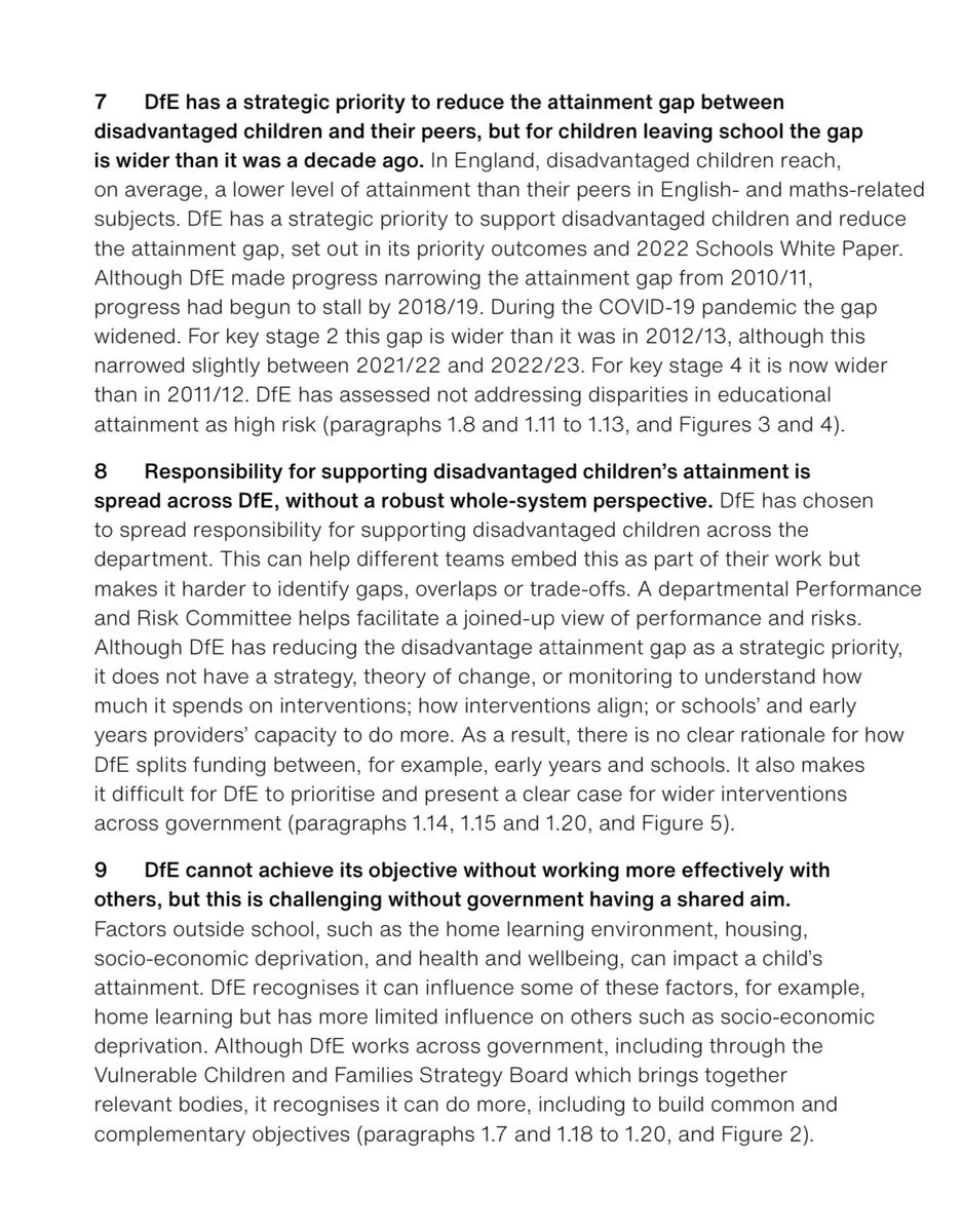 David_Spendlove's tweet photo. Absolutely damning report by @NAOorguk on DfE’s improving outcomes for ‘disadvantaged’ children. Incomprehensible when you consider the energy DfE put into facilitating culture wars &amp; marginalisation of universities from teacher education whilst neglecting the most vulnerable! https://t.co/KGfke1i9oG