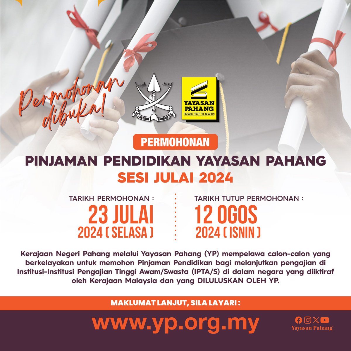 YayasanPahang's tweet photo. Kerajaan Negeri Pahang melalui YP menawarkan pinjaman pendidikan untuk anak Pahang yang sedang melanjutkan pengajian di IPTA/S di dalam negara yang diiktiraf oleh Kerajaan Malaysia dan diluluskan oleh YP.
#yp4u #yayasanpahang #pinjamanpendidikanyp #ipta #ipts https://t.co/q6iuD5B5yk