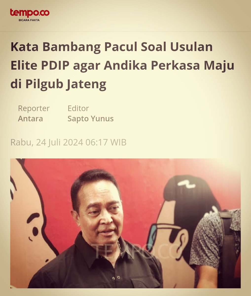 Pernyataan Komandan Patjul soal usulan elite PDIP agar Andika Perkasa maju Pilgub Jateng :
"Memang intern elite partai mengusulkan tapi bu Mega belum memberi putusan. Bukan ingin membenturkan dengan kandidat lain (Luthfi dr Polri), tapi Pak Andika di samping bintang empat
