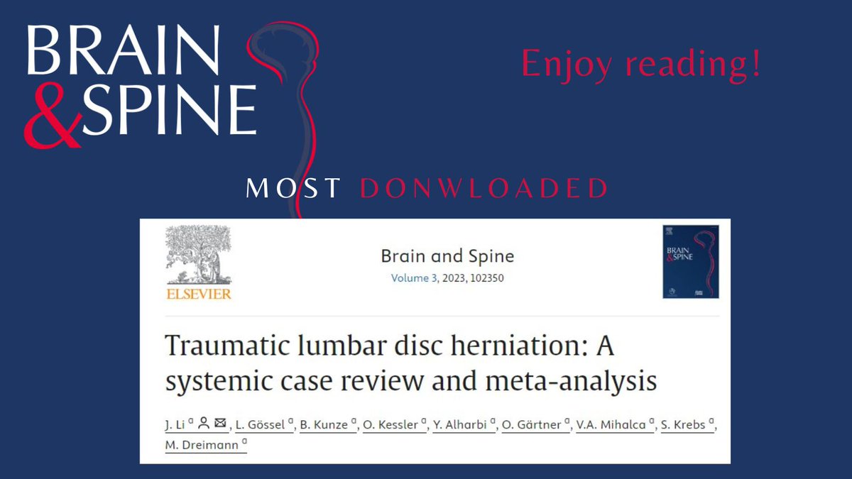 EANSonline50's tweet photo. One of the most downloaded articles in the Brain and Spine Journal:
Traumatic lumbar disc herniation: A systemic case review and meta-analysis.
Read more and join the conversation β‘ https://t.co/sERN9aqru2
#BrainandSpine #Journal #review #Traumatic #LumbarDisc #EANSonline https://t.co/KN1uLyVo8M