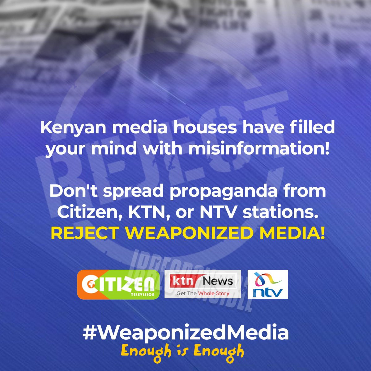 KKCommetary's tweet photo. Media BIASNESS misinforms the public and creates skews perspective. 

#EnoughIsEnough 
#WeaponizedMedia 

Zimmerman Susan Nakhumicha #KTNGenocideMedia moses Kuria Nairobi CBD Daily nation Rachel Omamo KTN news Nairobi Hospital Soipan Tuya https://t.co/Pikrq9JOgW