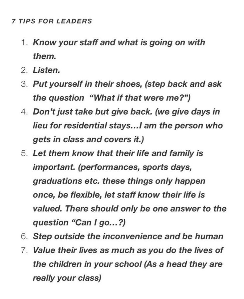 Looking for a book to share with someone and found this. 

Still stand by this list. Good leadership is about being human. Giving back as well as taking.