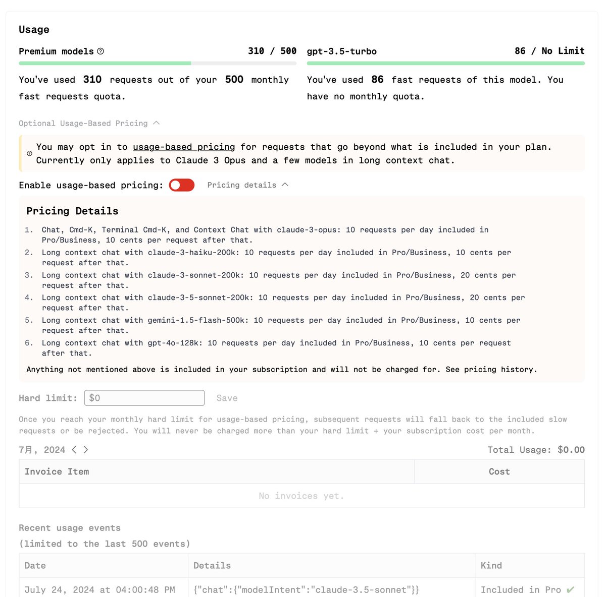 CursorのProプランでPremium  modelsは月500リクエストの制限があるけれど、超過してもその分だけ料金を払えば使えるようになったみたい（ずっと見過ごしてた？）。超過料金の上限も設定可能。  Claude 3.5 Sonnetだと1リクエストにつき20セント。1ドル154.57円なので約31円 ...