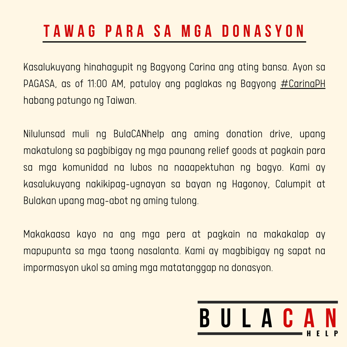 james_edver's tweet photo. ‼️CALL FOR DONATIONS ‼️ 📣 ⛈

Dala ng patuloy na hagupit ng #CarinaPH, ang BulaCAN Help ay nagsagawa muli ng isang donation drive upang makatulong sa mga apektadong komunidad ng Bulacan. Kami ay kasalukuyang nakikipag-ugnayan sa mga bayan ng Hagonoy, Kalumpit, At Bulakan. https://t.co/PHNIODMG7K