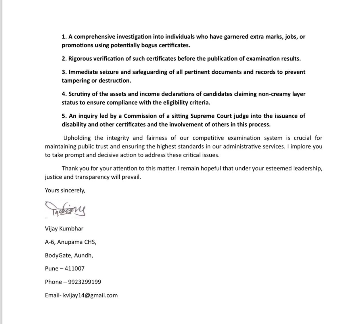 VijayKumbhar62's tweet photo. I have requested the Honourable President of India to initiate an investigation by appointing a commission of a sitting Supreme Court judge to look into the use of bogus certificates in UPSC and other competitive examinations. #IntegrityInExams #UPSC #IAS 
@rashtrapatibhvn https://t.co/UNod2Ckzha