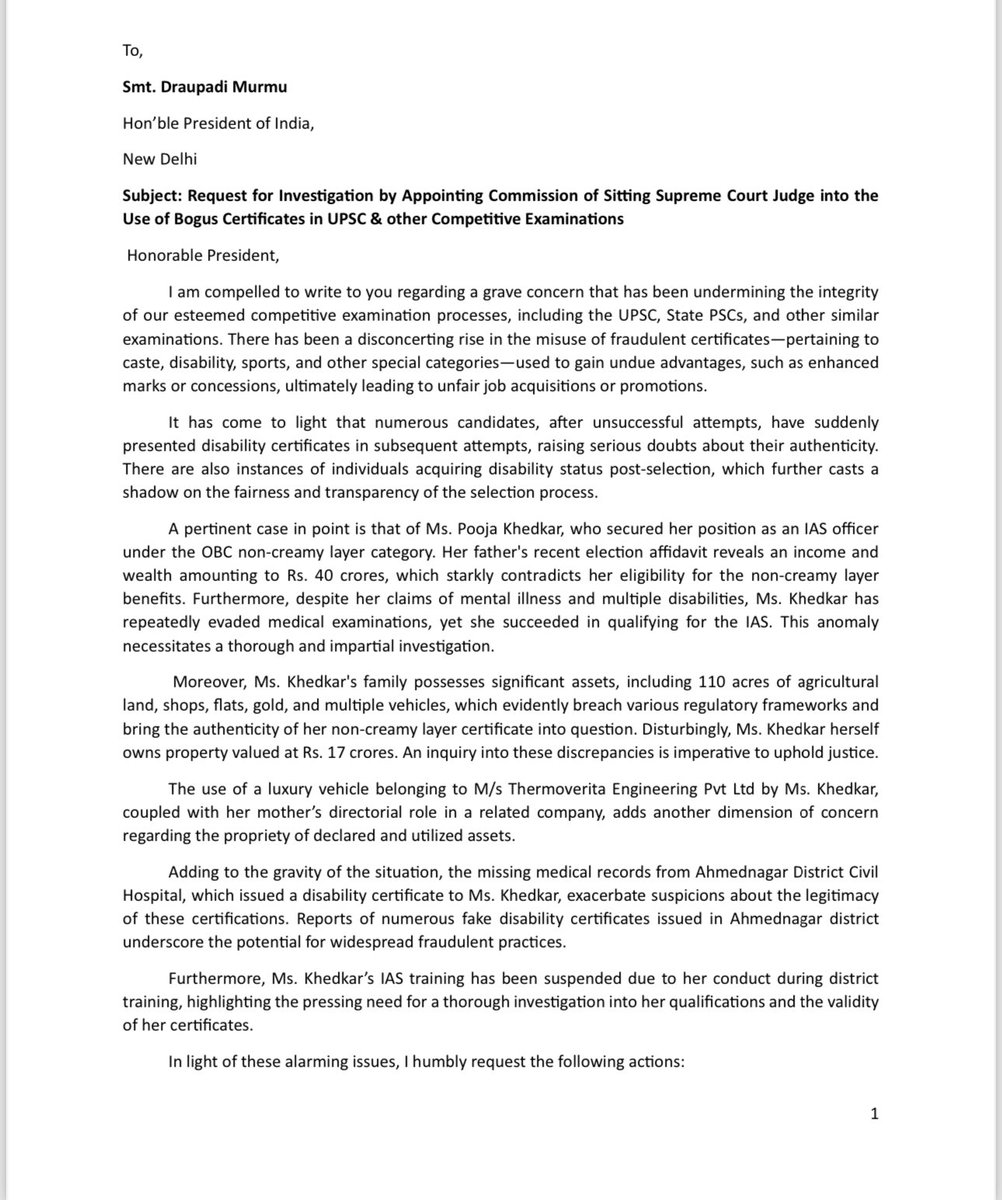 VijayKumbhar62's tweet photo. I have requested the Honourable President of India to initiate an investigation by appointing a commission of a sitting Supreme Court judge to look into the use of bogus certificates in UPSC and other competitive examinations. #IntegrityInExams #UPSC #IAS 
@rashtrapatibhvn https://t.co/UNod2Ckzha