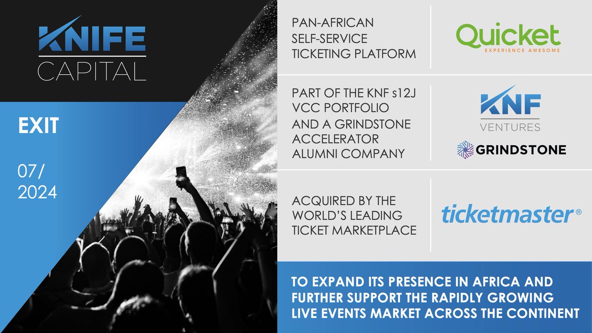 Another meaningful African #venturecapital exit! US based <a href="/Ticketmaster/">Ticketmaster</a> expands its presence in #Africa with the acquisition of <a href="/QuicketSA/">Quicket South Africa</a> – a major player in Africa’s general admission event &amp; festival ticketing. A fantastic outcome! 🎟🍾 Read More &gt;&gt; livenationentertainment.com/2024/07/ticket…