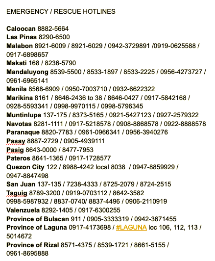 TweetupMNL's tweet photo. UPDATED EMERGENCY / RESCUE HOTLINES (2024) for Metro Manila and nearby provinces

https://t.co/JxnaMBDD8y https://t.co/WaHdTaXBqX