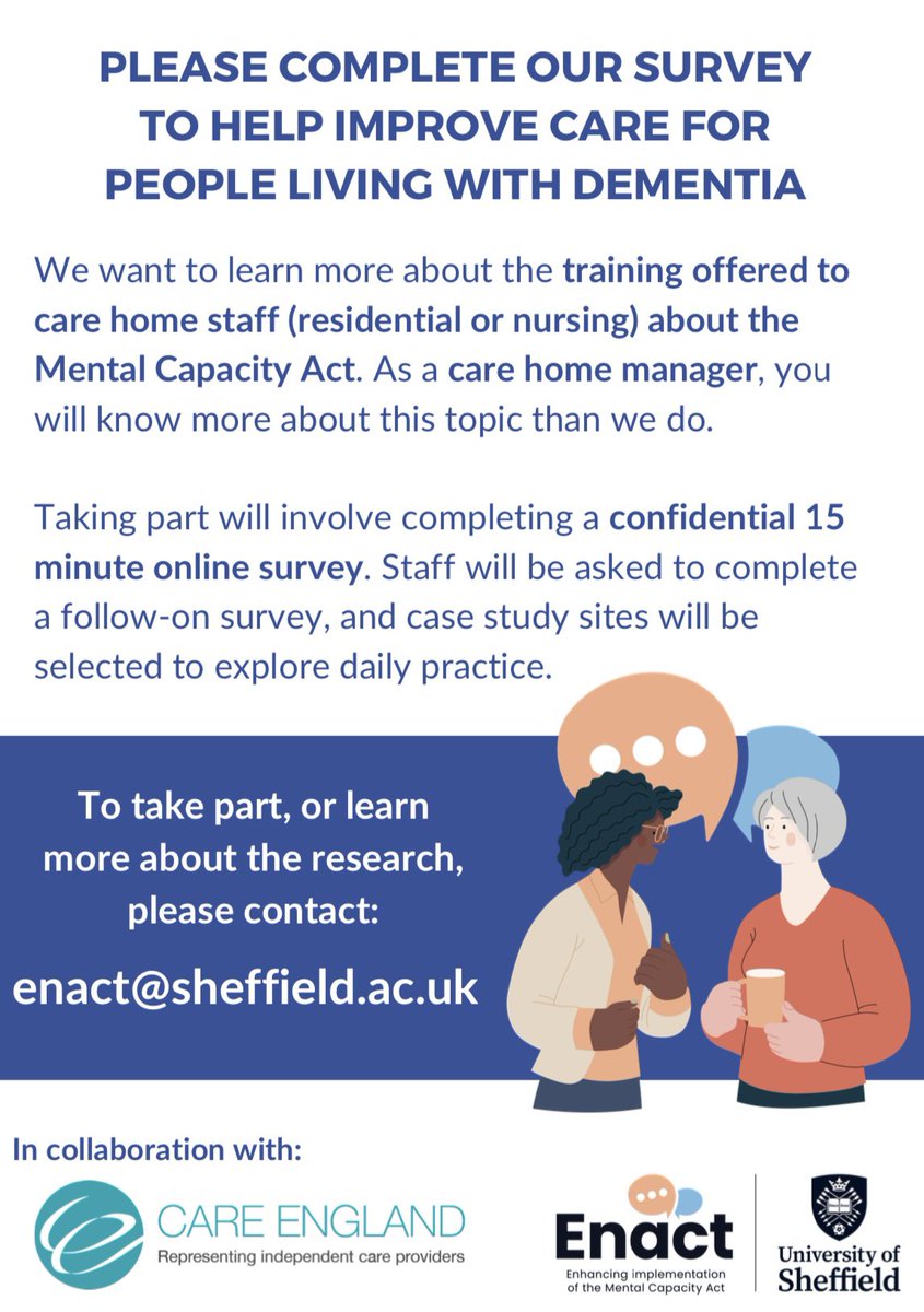 📢 Please take part in our research about implementation of the #MentalCapacityAct in care homes.

✨ 15 minute survey is open to all #carehome managers in England &amp; Wales. 

#socialcareresearch funded by NIHR.