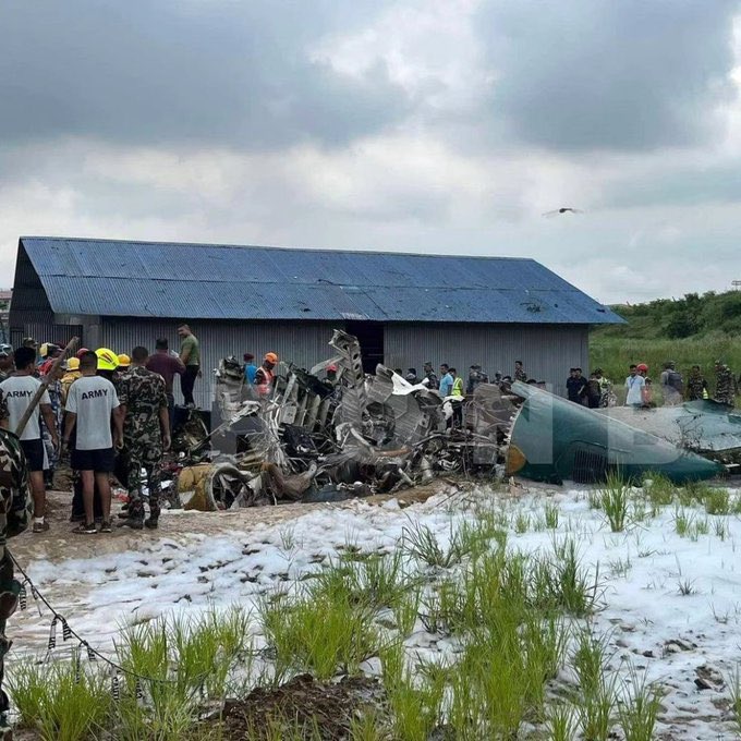 cheersSJ28's tweet photo. Air accident in #Nepal: Saurya Air's #9NAME - 21.4 year old Bombardier CRJ-200 - crashed immediately after takeoff at Tribhuvan Int'l Airport, Kathmandu - reportedly killing 18 of 19 onboard -  mostly airlines staff. It was en route to #Pokhara for engine https://t.co/cOIJf800dj https://t.co/de1iR6y7GT