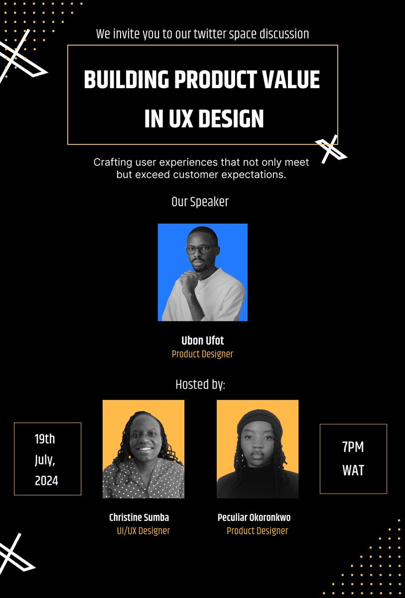 _Sumb_a's tweet photo. Join us on our twitter space this Friday at 7PM WAT as we discuss the topic 'Building product value in UX design'. We'll cover key strategies, best practices, and real-life examples that not only meet but exceed customer expectations. Don't miss out!🚀🚀
#productvalue #uxdesign https://t.co/WjZG9rhpQv