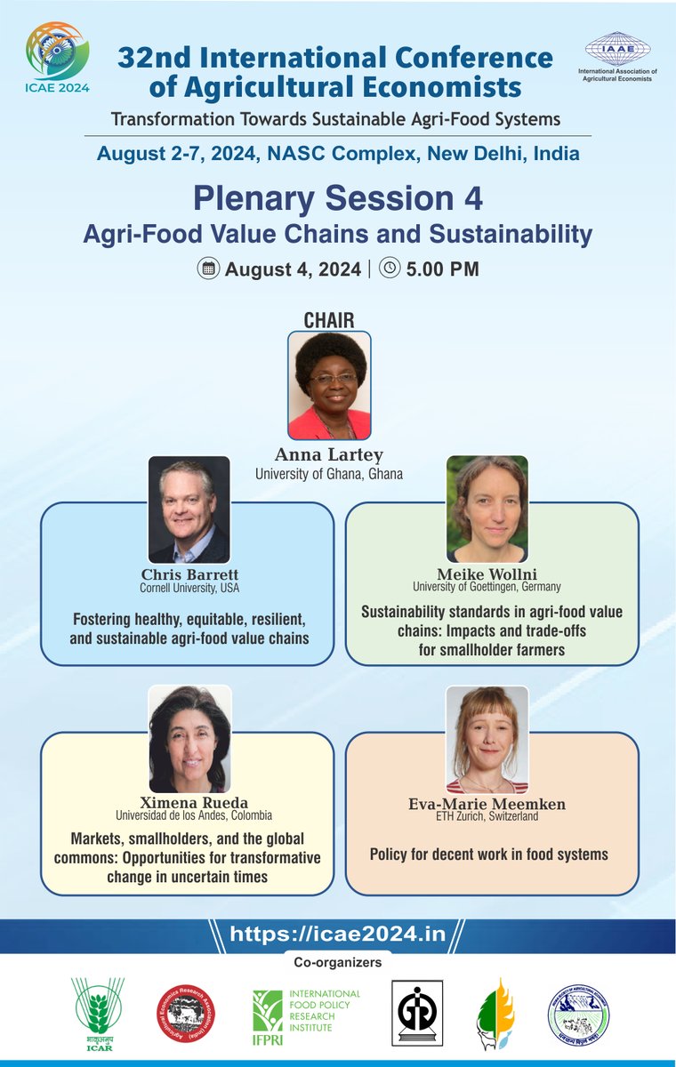 icae2024 (@icae2024) on Twitter photo ✨Join us for a plenary session on 'Agri-Food Value Chains and Sustainability'.
Gain valuable insights from leading experts on creating more sustainable food systems.
📅August 4, 2024 | 5:00 PM #ICAE2024 #MeetinDelhi
<a href="/Anna_Lartey/">Anna Lartey</a> <a href="/cbb2cornell/">Chris Barrett</a> <a href="/MWollni/">Meike Wollni</a> #XimenaRueda <a href="/EvaMeemken/">Eva-Marie Meemken</a> ✨Join us for a plenary session on 'Agri-Food Value Chains and Sustainability'.
Gain valuable insights from leading experts on creating more sustainable food systems.
📅August 4, 2024 | 5:00 PM #ICAE2024 #MeetinDelhi
<a href="/Anna_Lartey/">Anna Lartey</a> <a href="/cbb2cornell/">Chris Barrett</a> <a href="/MWollni/">Meike Wollni</a> #XimenaRueda <a href="/EvaMeemken/">Eva-Marie Meemken</a>