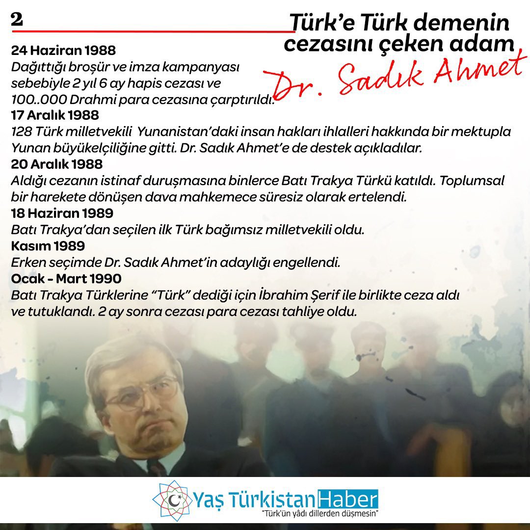 yasturkistan's tweet image. #infografik

🇹🇷#Türk’e Türk demenin cezasını çeken adam: Dr. #SadıkAhmet

👉 Yunanistan siyasetinde nasıl var oldu?
👉Batı Trakya Türklüğü için nasıl mücadele verdi?
👉Nasıl yargılandı ve tutuklandı?

✏️Vefat yıl dönümünde Dr. Sadık Ahmet’in hayatından satırbaşları 👇

Rahmetle.
