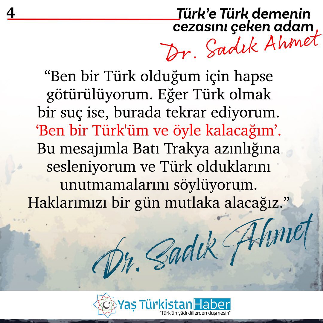 yasturkistan's tweet image. #infografik

🇹🇷#Türk’e Türk demenin cezasını çeken adam: Dr. #SadıkAhmet

👉 Yunanistan siyasetinde nasıl var oldu?
👉Batı Trakya Türklüğü için nasıl mücadele verdi?
👉Nasıl yargılandı ve tutuklandı?

✏️Vefat yıl dönümünde Dr. Sadık Ahmet’in hayatından satırbaşları 👇

Rahmetle.