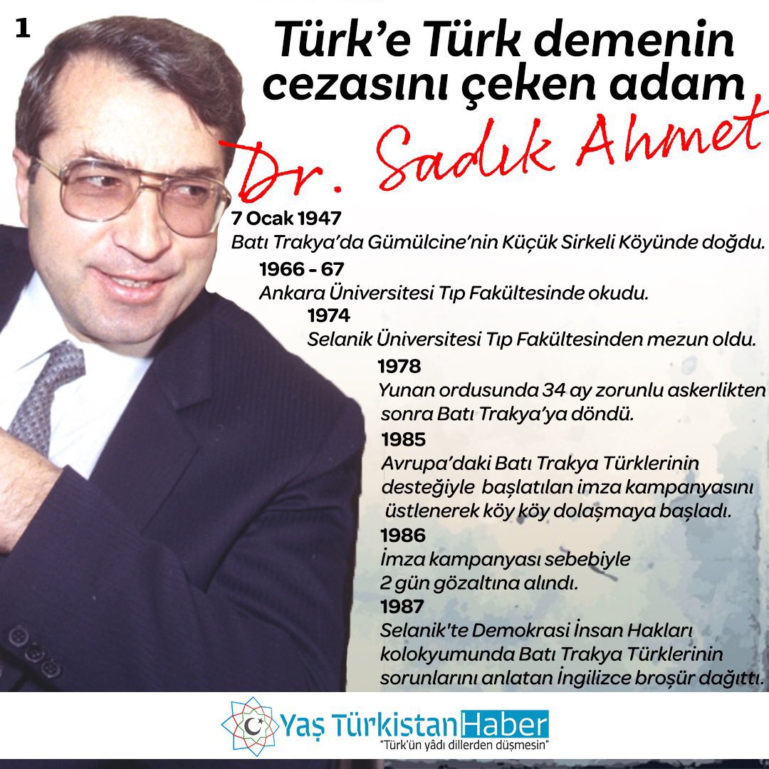 yasturkistan's tweet image. #infografik

🇹🇷#Türk’e Türk demenin cezasını çeken adam: Dr. #SadıkAhmet

👉 Yunanistan siyasetinde nasıl var oldu?
👉Batı Trakya Türklüğü için nasıl mücadele verdi?
👉Nasıl yargılandı ve tutuklandı?

✏️Vefat yıl dönümünde Dr. Sadık Ahmet’in hayatından satırbaşları 👇

Rahmetle.