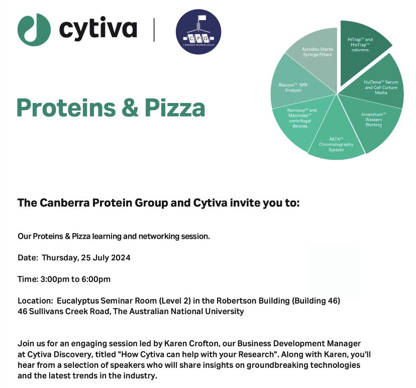JpmNg's tweet photo. @Cytiva and @CanberraPG are coming together for #ProteinsandPizza #learning and #networking session, tomorrow, Thursday 25th July, at 3-6PM at ANU. Please RSVP to CPG via email.

@JCSMR @ANUbiomolecular @ANU_RSB_BSB @ANUChemistry @CSIRO https://t.co/lWhgvJotZy