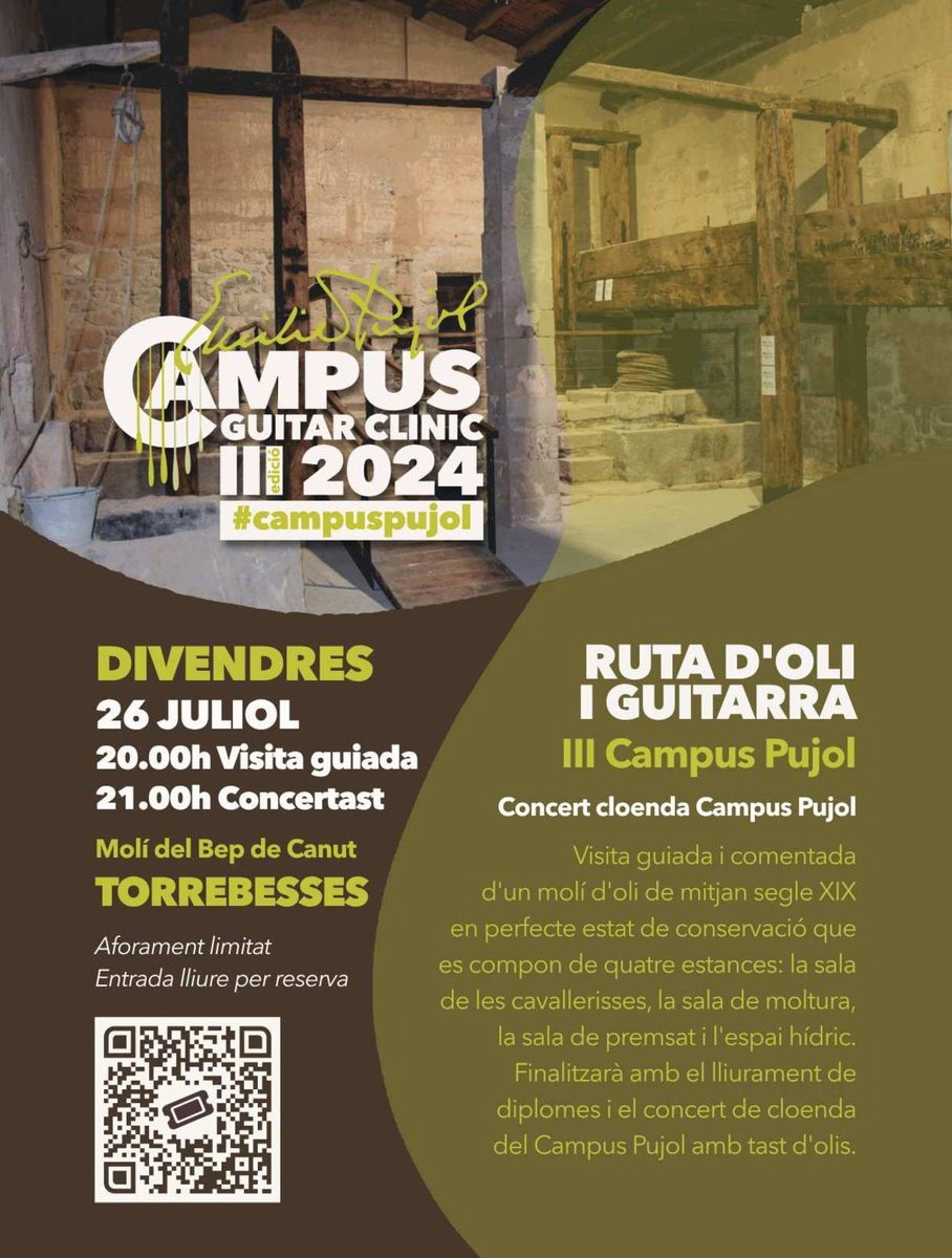 visita guiada a un molí d'oli i a les 21.00 h, concert i tast d'olis. Reserva la teva entrada, aforament limitat! 🎼✨🍷

#Garriguitar #Torrebesses #CampusPujol @Garriguitar @UniversPujol