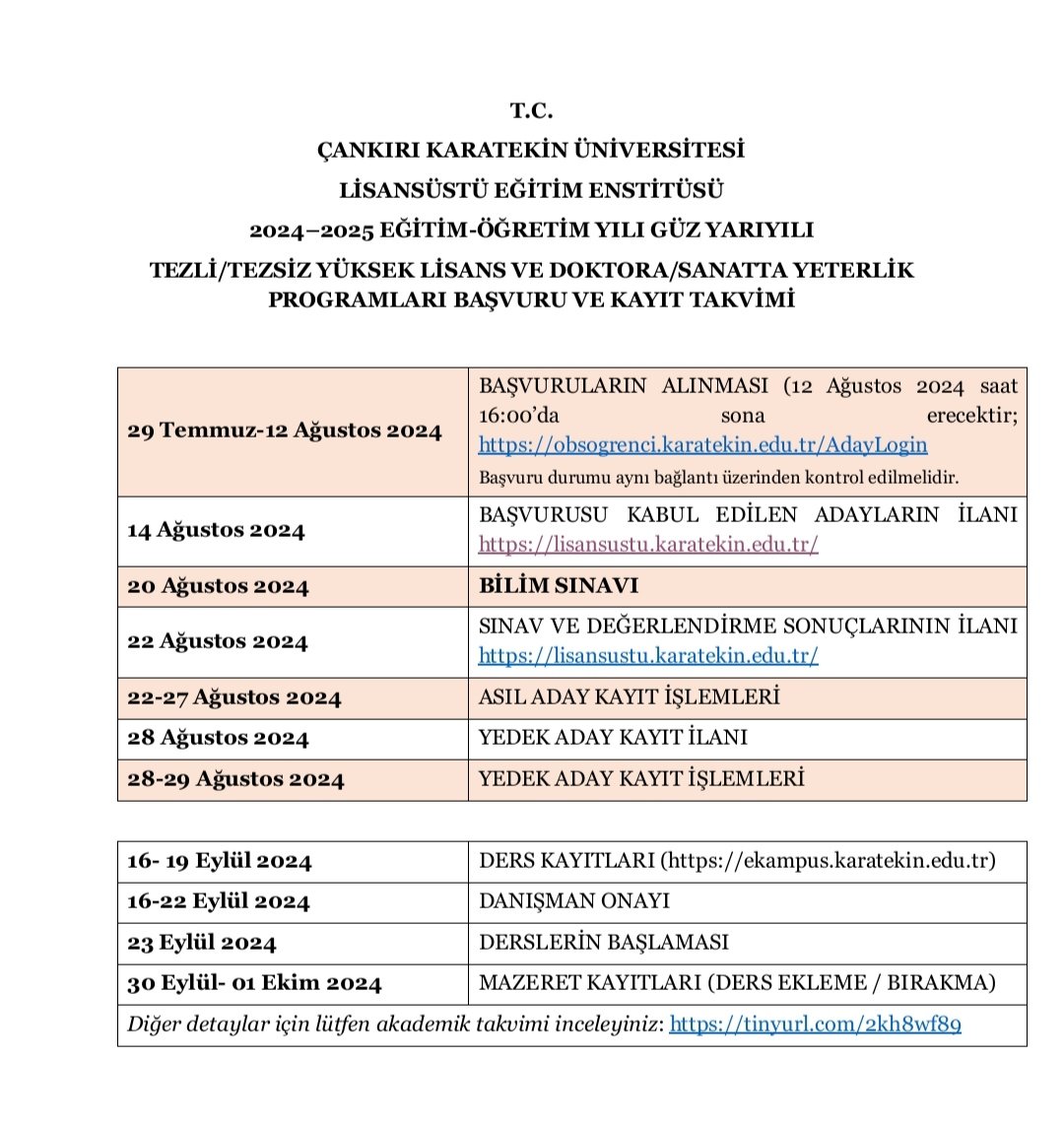 İlgi duyanlar için Çankırı Karatekin Üniversitesi Yüksek Lisans Başvuru ve Kayıt Takvimi.