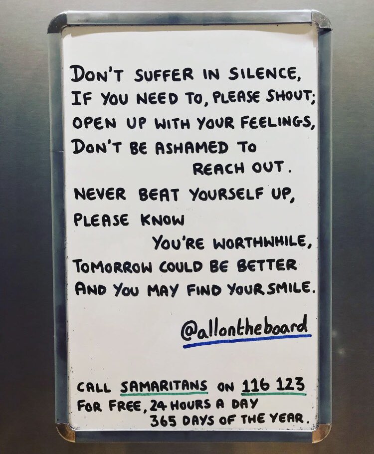 All On The Board (@allontheboard) on Twitter photo Today is #SamaritansAwarenessDay.
Please call <a href="/samaritans/">Samaritans</a> when you need to. There are people waiting for your call day or night, and they are ready to listen to you. Don’t suffer in silence. You are worthwhile. Call for free on 116 123, 24 hrs a day, 365 days a year
#Samaritans Today is #SamaritansAwarenessDay.
Please call <a href="/samaritans/">Samaritans</a> when you need to. There are people waiting for your call day or night, and they are ready to listen to you. Don’t suffer in silence. You are worthwhile. Call for free on 116 123, 24 hrs a day, 365 days a year
#Samaritans