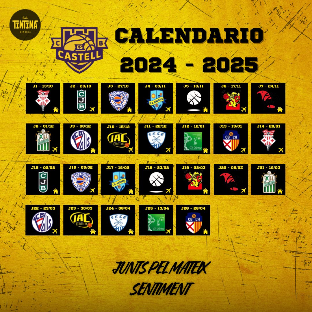 💛 ¡Tenemos Calendario de #TerceraFEB para la temporada 2024-25!

🏡 Debutamos en casa ante <a href="/ClubBasquetVic/">Club Bàsquet Vic - UVIC UCC</a>.

😎 Para finalizar la temporada regular, recibimos al <a href="/cbhospitalet/">C.B. L'Hospitalet</a>.

#JuntsPelMateixSentiment #EsCastell
#OrgulldePoble #TerceraFEB