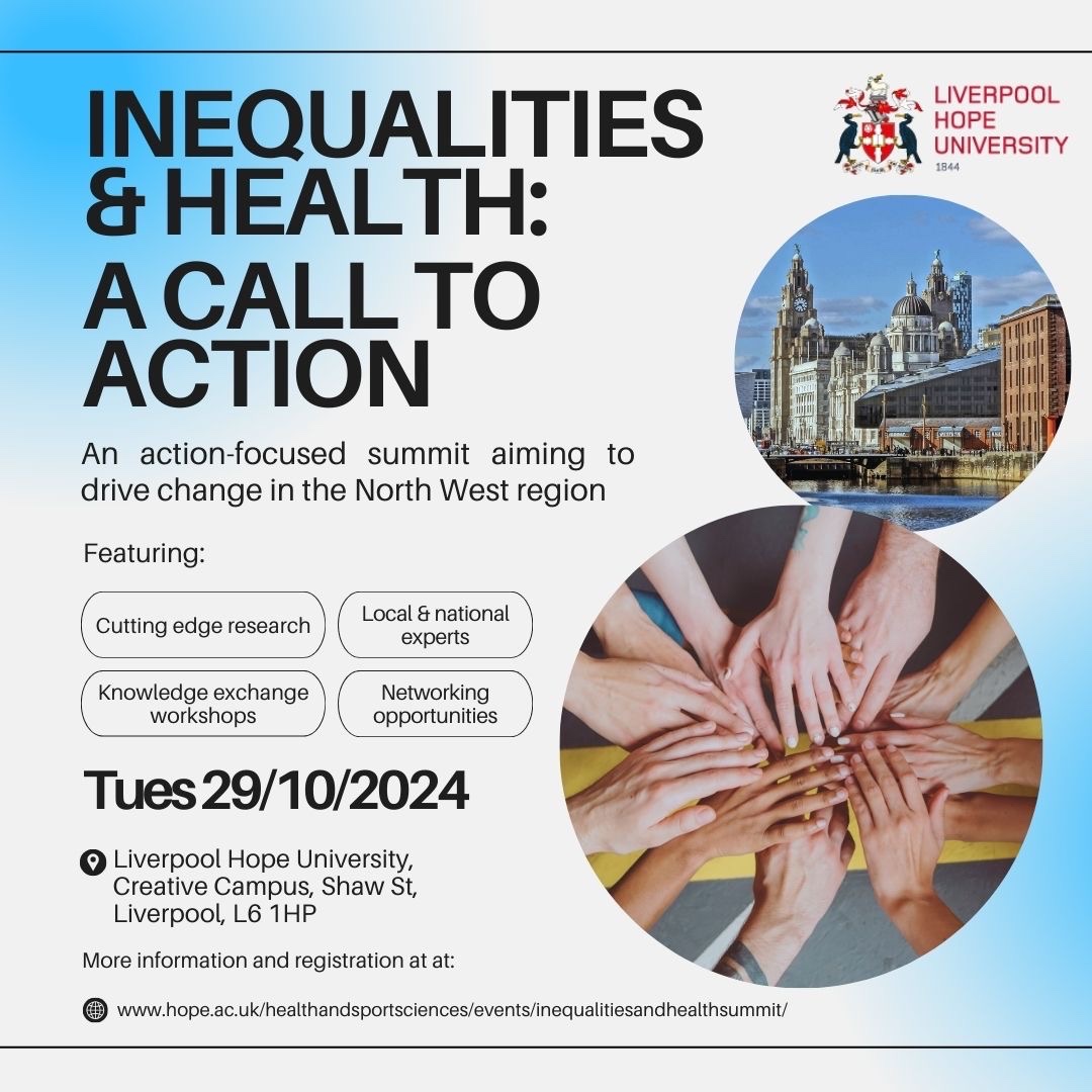 Liverpool Hope School of Health and Sport Sciences (@livhopeshss) on Twitter photo A fantastic conference on Health Inequalities will be hosted ❤️ <a href="/LiverpoolHopeUK/">Liverpool Hope University</a>❤️. Please share far and wide if you can. Only 5 more days until the abstract deadline. Only 12 more days until Early Bird registration closes.
More info here: hope.ac.uk/healthandsport… A fantastic conference on Health Inequalities will be hosted ❤️ <a href="/LiverpoolHopeUK/">Liverpool Hope University</a>❤️. Please share far and wide if you can. Only 5 more days until the abstract deadline. Only 12 more days until Early Bird registration closes.
More info here: hope.ac.uk/healthandsport…