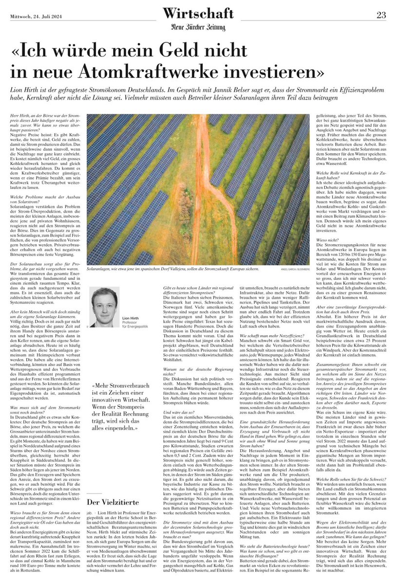 Klartext von einem unverdächtigen, kompetenten Zeugen zur Atomenergie, zur Photovoltaik und zur Energiewende. Das ist echt lesenswert. NZZ 24. Juli 2024. FESS fordert seit Jahren in der Road-Map 2.0: Dynamische Engpass orientierte, flexible Strom-Tarife. lnkd.in/eAzY2AhW