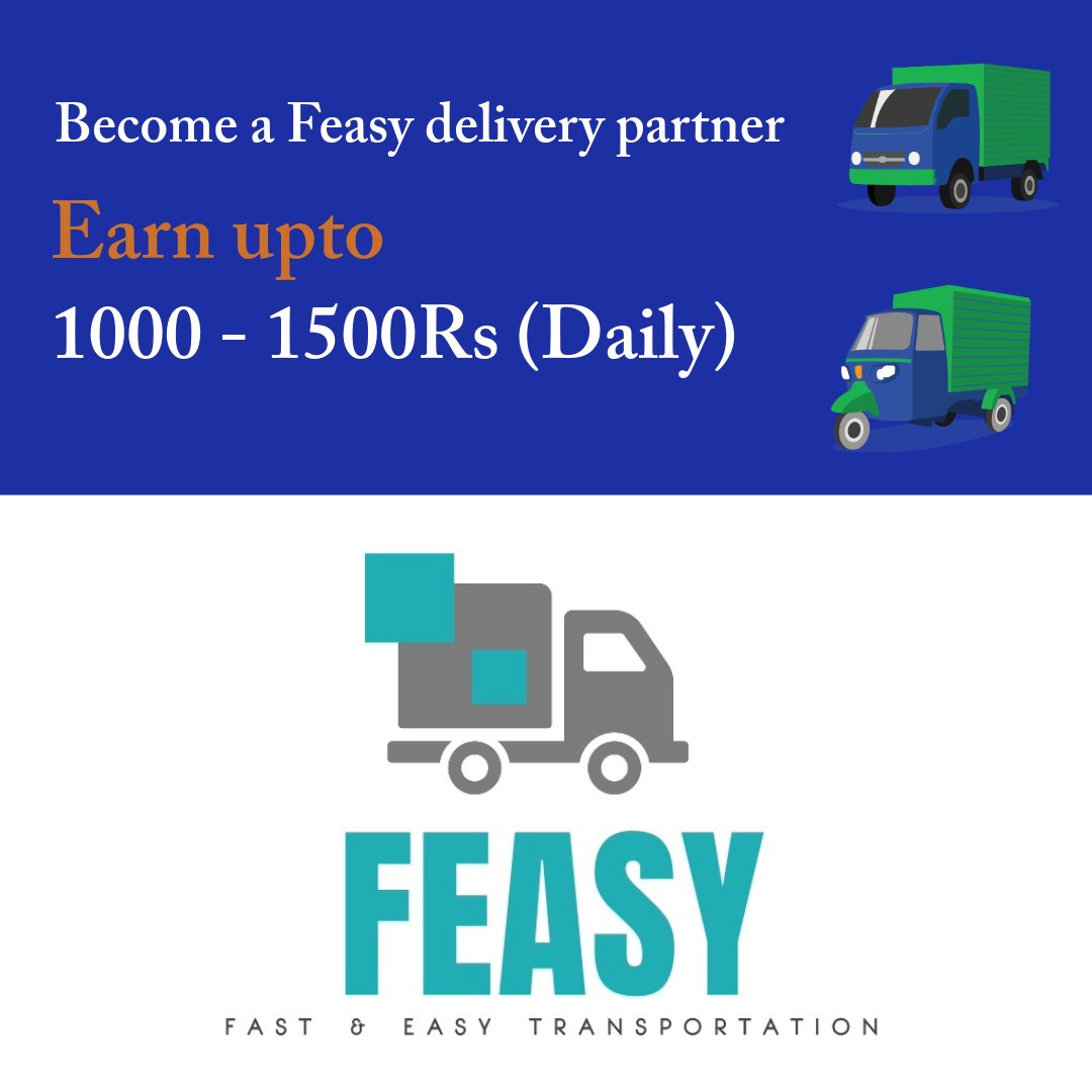 FeasyTransport's tweet photo. Become a feasy delivery partner and earn 1000 - 1500rs (daily) . Join Now

#Feasy #deliverypartner #Earn #deliveryguy #deliveryman #deliveryboy #packerandmoverspartner #scrappartner #bikedeliverypartner #Packers #movers https://t.co/52XwCbDOSc