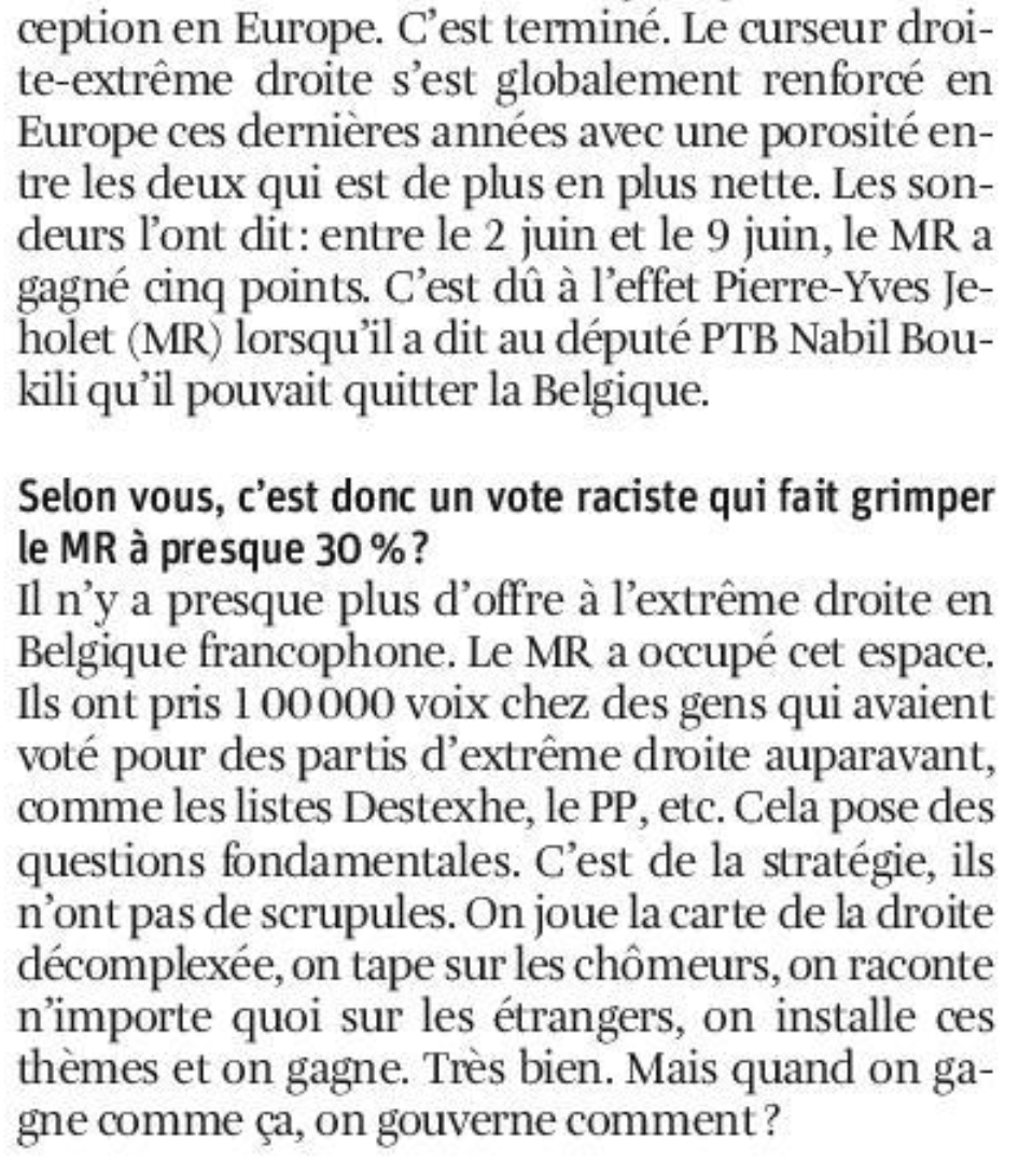 Extrait de l'interview d'été de <a href="/PaulMagnette/">Paul Magnette</a> à Stephane Tassin pour <a href="/lalibrebe/">La Libre</a>. La question de fond pour le #PS -et la gauche- en #communication est à la fois simple et complexe: comment diable répondre lorsque la dérive politique permet désormais de scander froidement