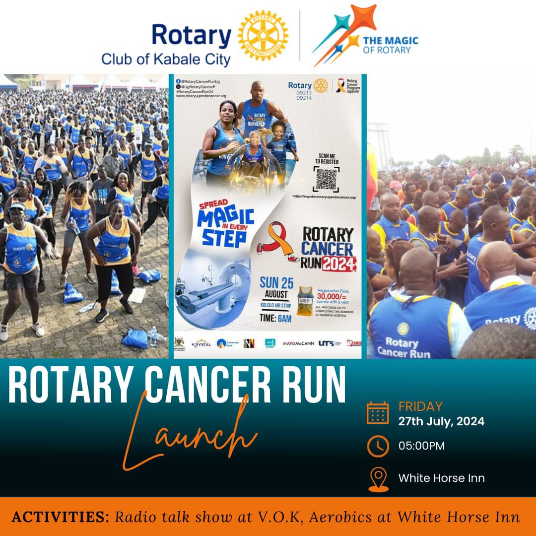 Dear Rotarians and friends... Please come an join us this Friday the 27th of July as we Launch this Year's Cancer Run ... Get yourself a kit at only Ug Shs. 30,000... 
💃🏻💃🏻💃🏻💃🏻
#rckabalecitycancerrunlaunch💜💜
This is a year of Magic 🎊🎊
Location: White Horse Inn
Time: 5:00 pm