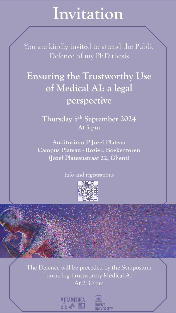 Tom Goffin (@tom_goffin) on Twitter photo On the 5th of September at 5 p.m. <a href="/_sofiapalmieri/">Sofia Palmieri</a> of <a href="/metamedica_be/">Metamedica UGent</a> will defend her PhD entitled "Ensuring a trustworthy use of medical AI: a legal perspective".
We invite you to attend the public defense in-person or online.
<a href="/RechtCrimUGent/">UGent Recht & Criminologie</a> <a href="/ugent_fge/">UGent Geneeskunde & Gezondheidswetenschappen</a> @EAHLaw <a href="/EAHL_IGBiolaw/">EAHL Interest Group on Supranational Biolaw</a> On the 5th of September at 5 p.m. <a href="/_sofiapalmieri/">Sofia Palmieri</a> of <a href="/metamedica_be/">Metamedica UGent</a> will defend her PhD entitled "Ensuring a trustworthy use of medical AI: a legal perspective".
We invite you to attend the public defense in-person or online.
<a href="/RechtCrimUGent/">UGent Recht & Criminologie</a> <a href="/ugent_fge/">UGent Geneeskunde & Gezondheidswetenschappen</a> @EAHLaw <a href="/EAHL_IGBiolaw/">EAHL Interest Group on Supranational Biolaw</a>