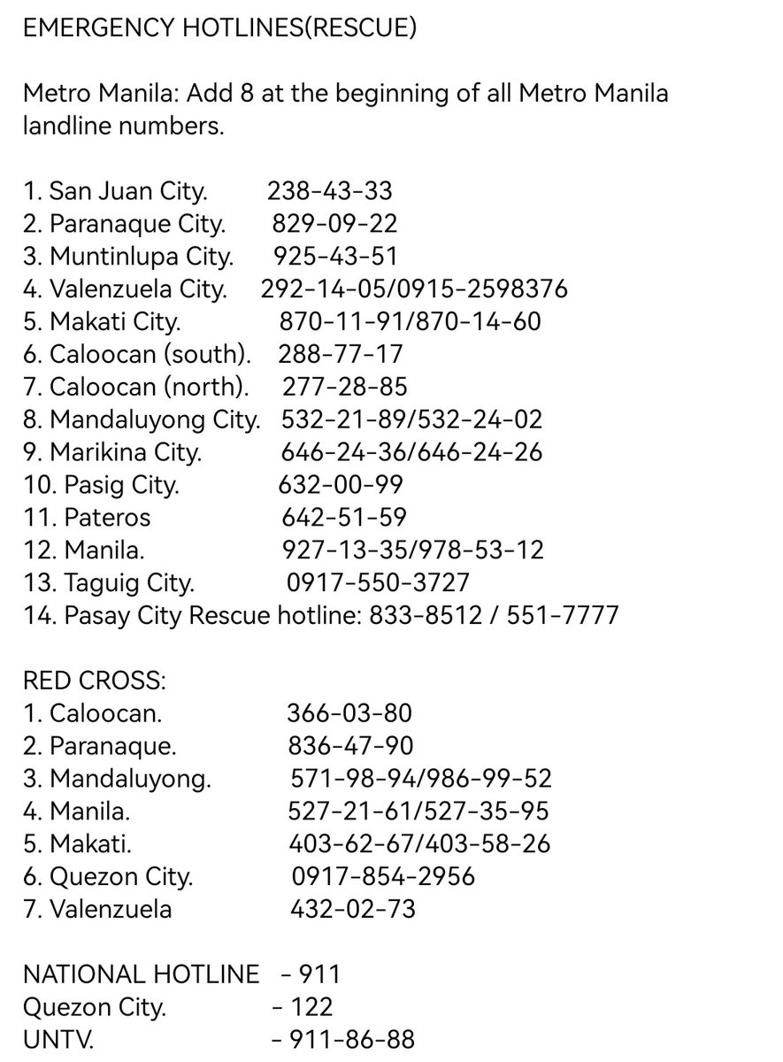 kyeownui's tweet photo. ‼️ RT TO SPREAD ‼️

EMERGENCY HOTLINES (RESCUE) from Atty. Leni Robredo

• Metro Manila: 
1. San Juan City.         238-43-33
2. Paranaque City.       829-09-22
3. Muntinlupa City.      925-43-51
4. Valenzuela City.     292-14-05/0915-2598376 https://t.co/nG48zzJvjx