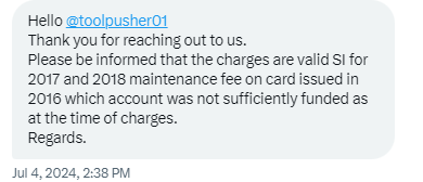 toolpusher01's tweet photo. @Gidi_Traffic This is true! $40 left my @gtbank account as annual card mtce fee for an account that has never had a card. All @gtbank_help could say is that they are valid SI for 2017 and 2018. Two years amounts to $20, what then happened to the rest $20? @gtbank_help refused to answer this https://t.co/DqbETn2jef
