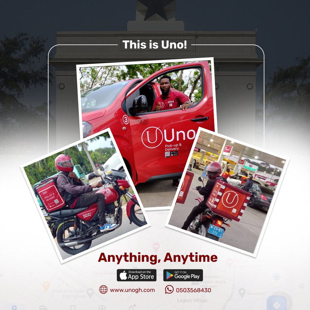 unoghana's tweet photo. Here’s what Uno offers: 

- Parcel and cargo deliveries 
- Multiple vehicle options: motorbikes, mini vans and large vans 
- Secure deliveries with PIN code 
- Free goods-in-transit insurance 
- Real-time tracking 
- 16 hours of reliable service from 6am to 10pm everyday. https://t.co/x1CjrourRa