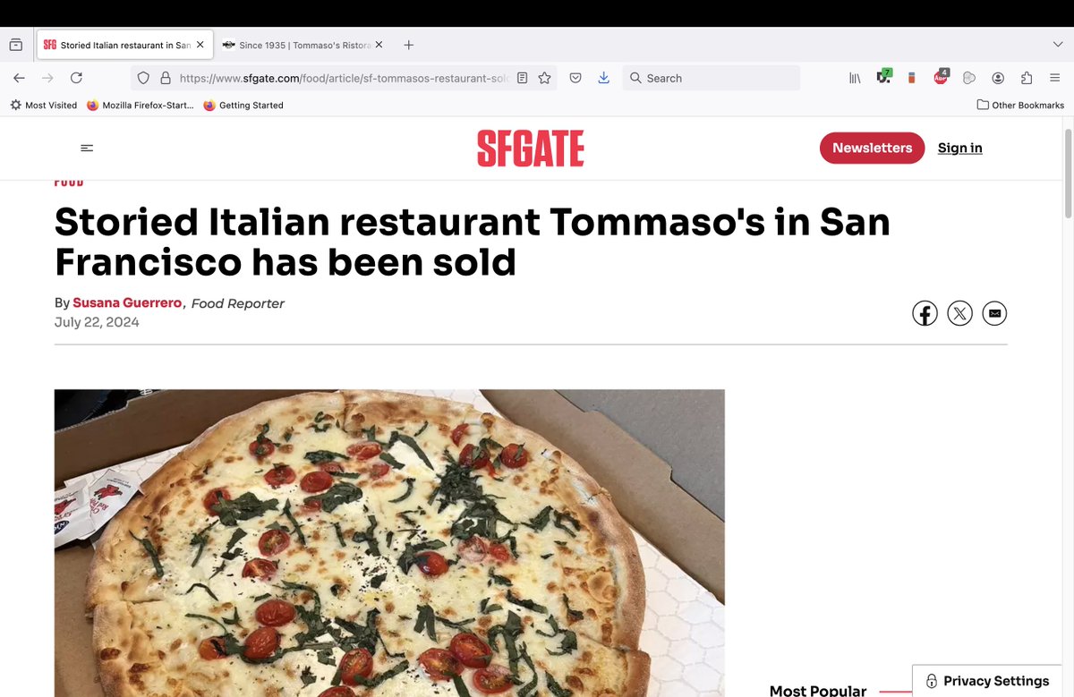 San Franciscans all around the world are sad to learn Tomasso's Restaurant in North Beach has been sold. So many years of great meals and great memories. To the Crotti family, Carmen, Agostino and Anna, thank you for putting your heart and soul into Tomasso's. You will be missed!